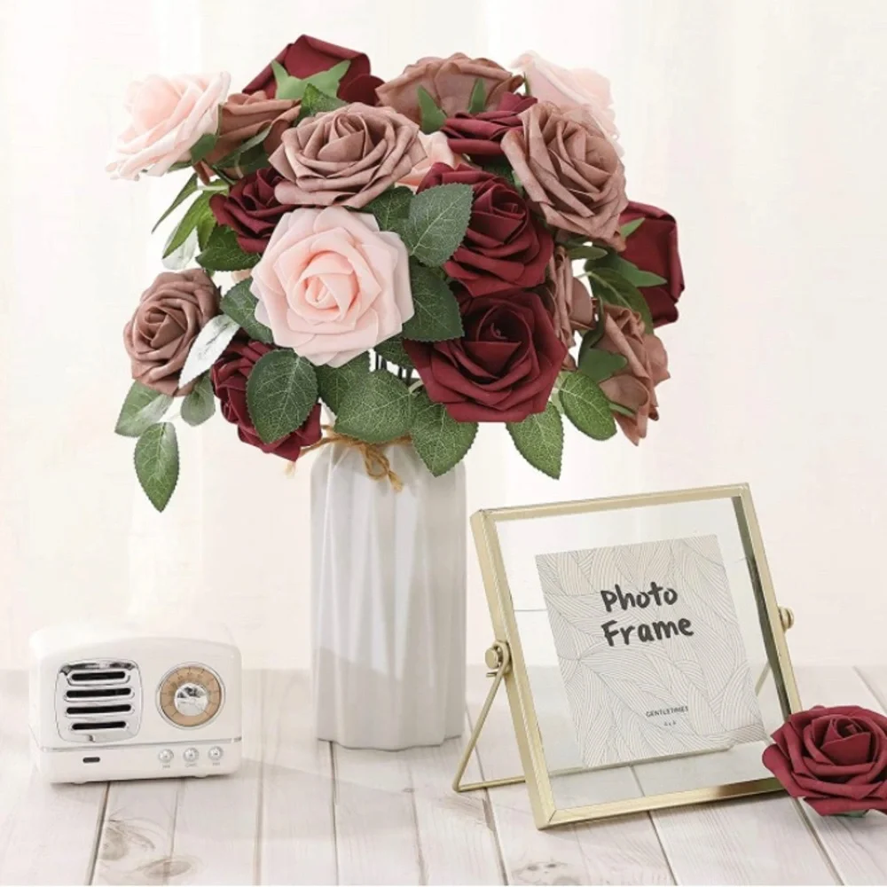 25 Count | Burgundy Ivory Dusty Roses Wedding Bouquet Flowers Centerpiece Decor